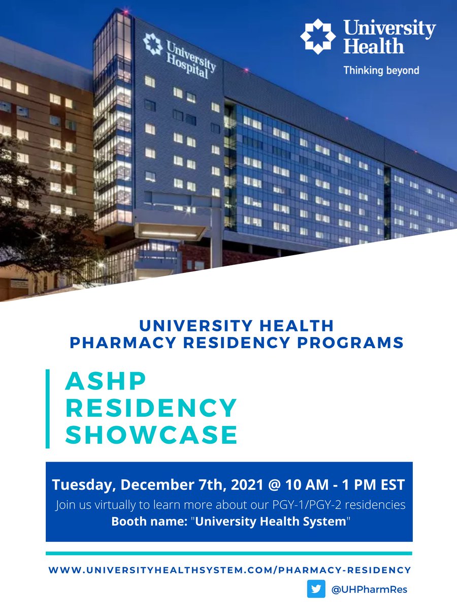 UHPharmRes's tweet photo. Mark your calendars! Join us at our virtual Midyear residency showcase booth on Tuesday December 7th from 10am to 1pm Eastern Time. We can be searched under the name "University Health System". https://t.co/Dj4t8HdxTW