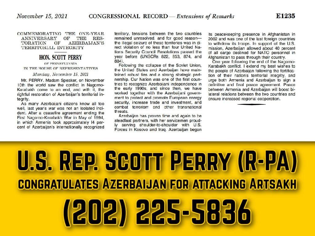 ANCPA's tweet photo. Rep. Perry of PA's 10th district made a statement on 11/15 congratulating Azerbaijan on their occupation of Artsakh. We need to call his office at 202-225-5836 and call him out. 

Hi, I am [[Name]] calling from [[City]]. I am deeply disappointed in Rep. Perry's statement for… https://t.co/Y4ViVsAckL