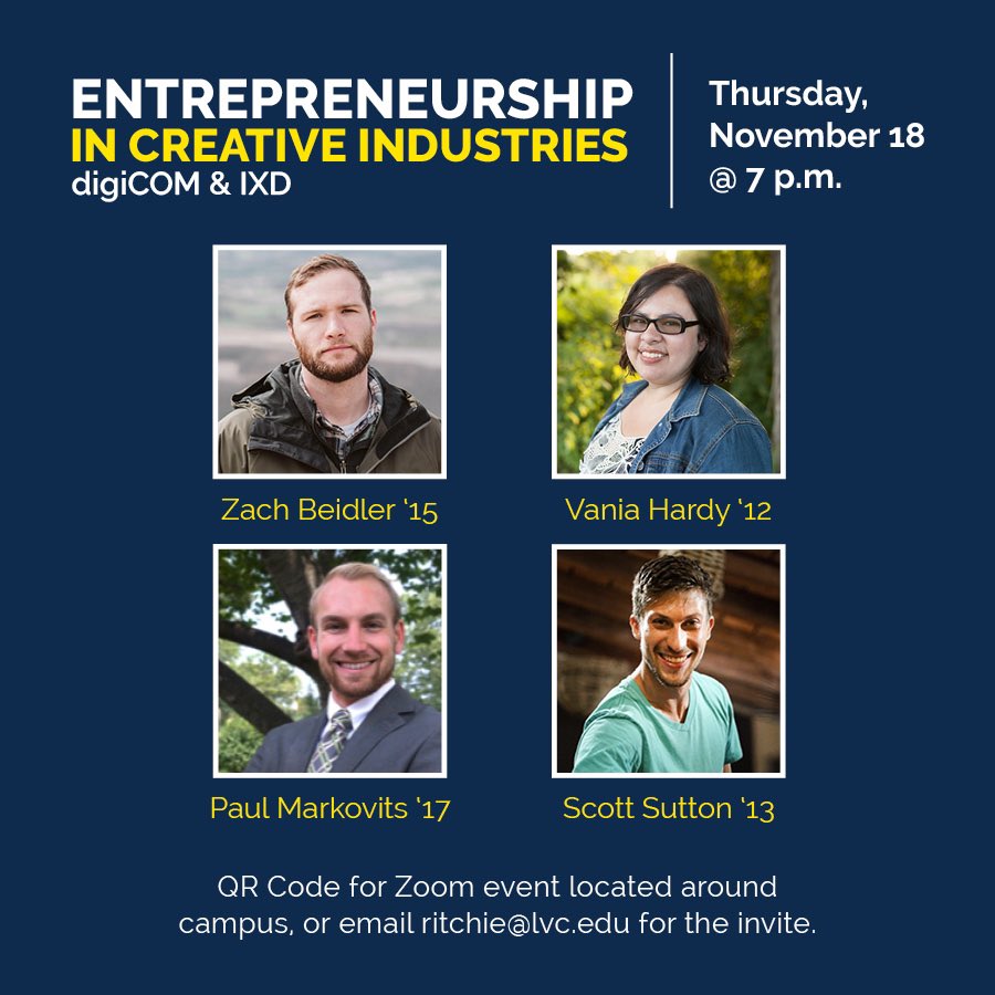 lvcdmt's tweet image. You don't want to miss Entrepreneurship in Creative Industries on Thursday, November 18 at 7 pm! This event will showcase four digiCOM alumni, Vania Hardy '12, Scott Sutton '13, Zach Beidler '15, and Paul Markovits '17, who have all gone on to start businesses. #godigicom #goixd