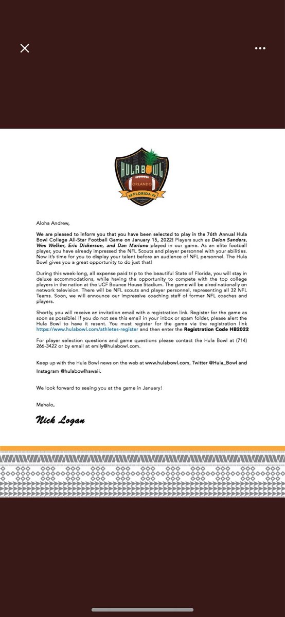 andrewkamienski's tweet photo. Blessed to have accepted an invite to the hula bowl. @Hula_Bowl can’t wait for the opportunity https://t.co/iQECNcOma4