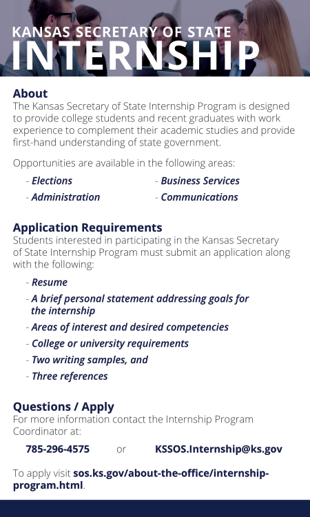 KansasSOS's tweet photo. Our office is pleased to offer an internship program to college students and recent graduates! Openings are currently available for the Spring 2022 and Summer 2022 semesters. Students interested in the internship program can find more information below. https://t.co/UahFFT81uO