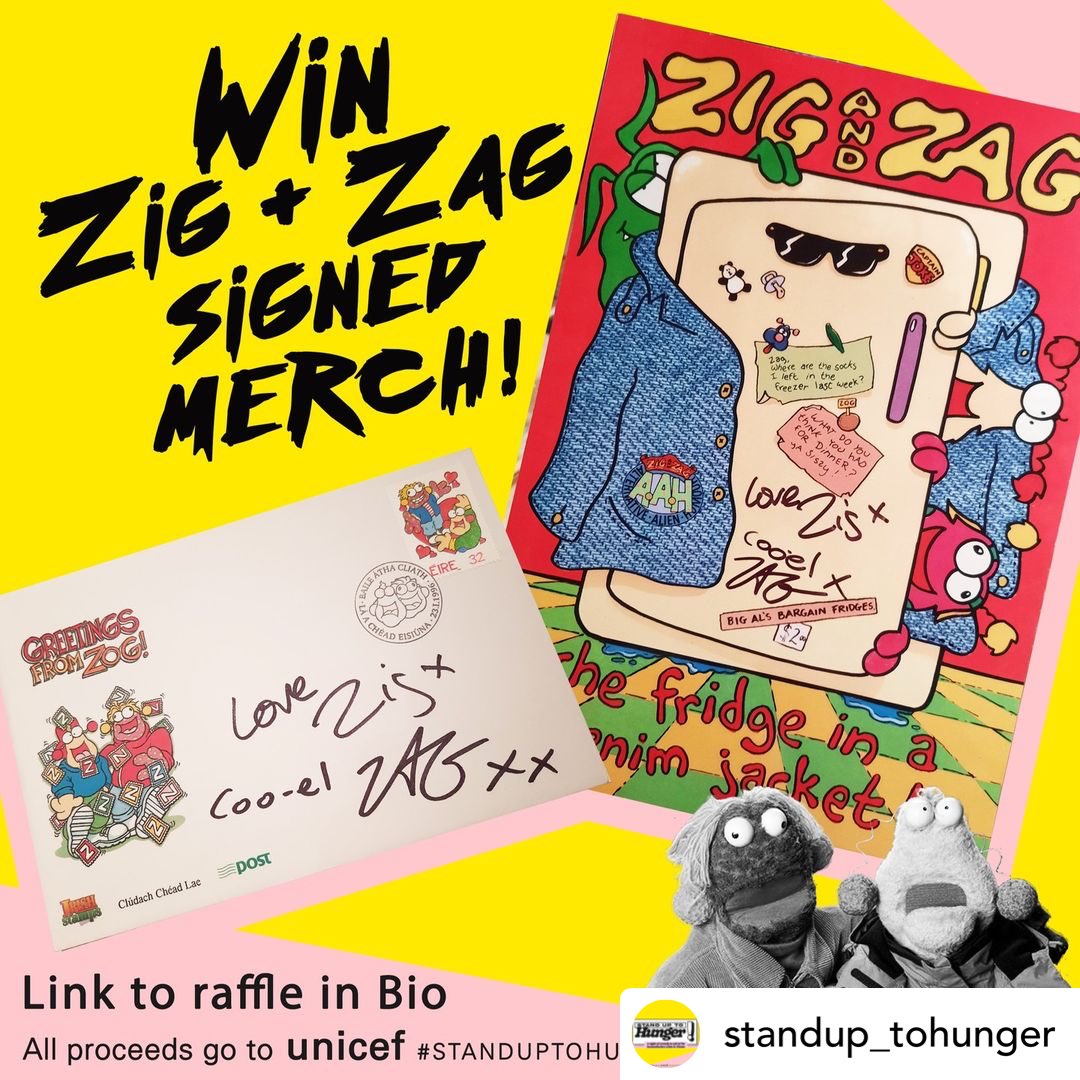 DoubleZCreative's tweet image. Win! #ZigandZag signed stuff!
Rare original cover of "The Fridge in a Denim Jacket" and a limited edition stamp envelope from 1996!
To be in with a chance to win these prizes and more, enter the online raffle idonate.ie/raffle/StandUp… ⁦@StandUpToHunger⁩