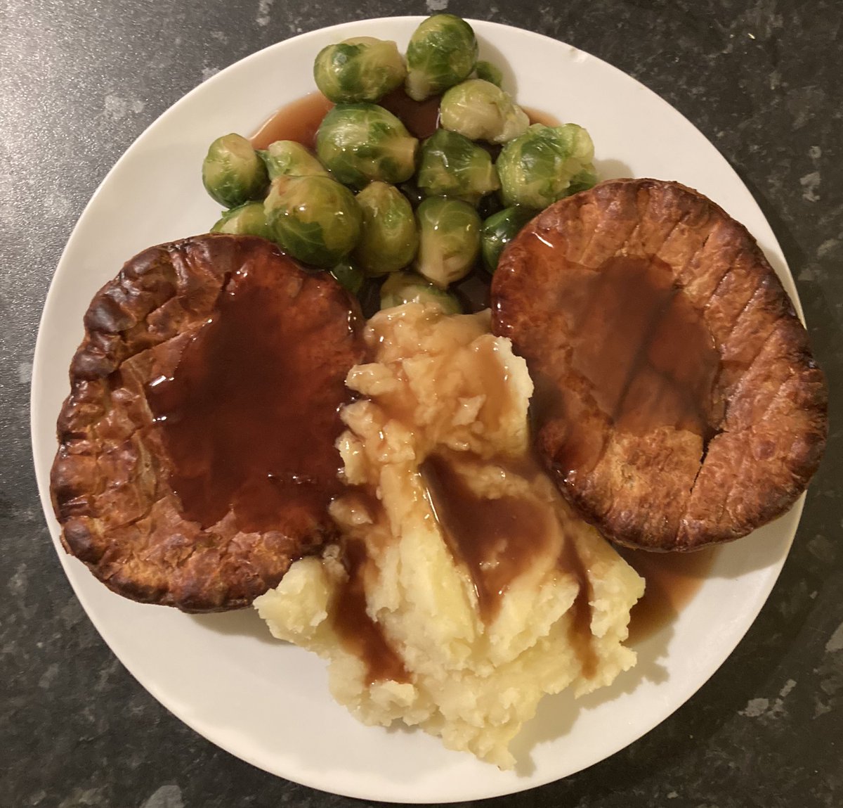 Non-binary brussels not from Brussels, 2 cow and ale pies, mash from sustainably sourced mash and a drizzle of rich beefy jus #Mmmmm