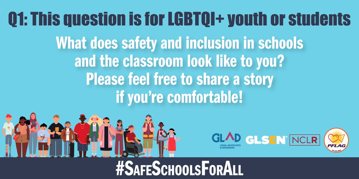 GLSEN's tweet photo. Q1. This question is for #LGBTQI+ youth or students

What does safety and inclusion in schools and the classroom look like to you? Please feel free to share a story if you’re comfortable! ❤️

#SafeSchoolsForAll https://t.co/rN9cVD3uQn