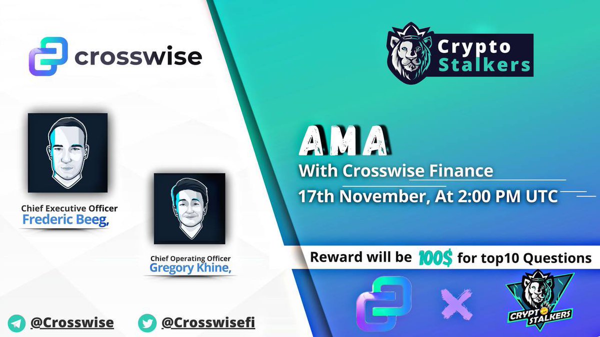📢 We're thrilled to announce our next #AMA with @crosswisefi on 17th Nov at 2:00 PM UTC

💰 Reward Pool: 100$
📍 Venue: t.me/thecryptostalk…
〽️ Rules:
✅ Follow @StalkersCrypto &amp; @crosswisefi 
✅ Like &amp; Retweet
✅ Comment Questions &amp; Tag 3 Friends with BEP20 address