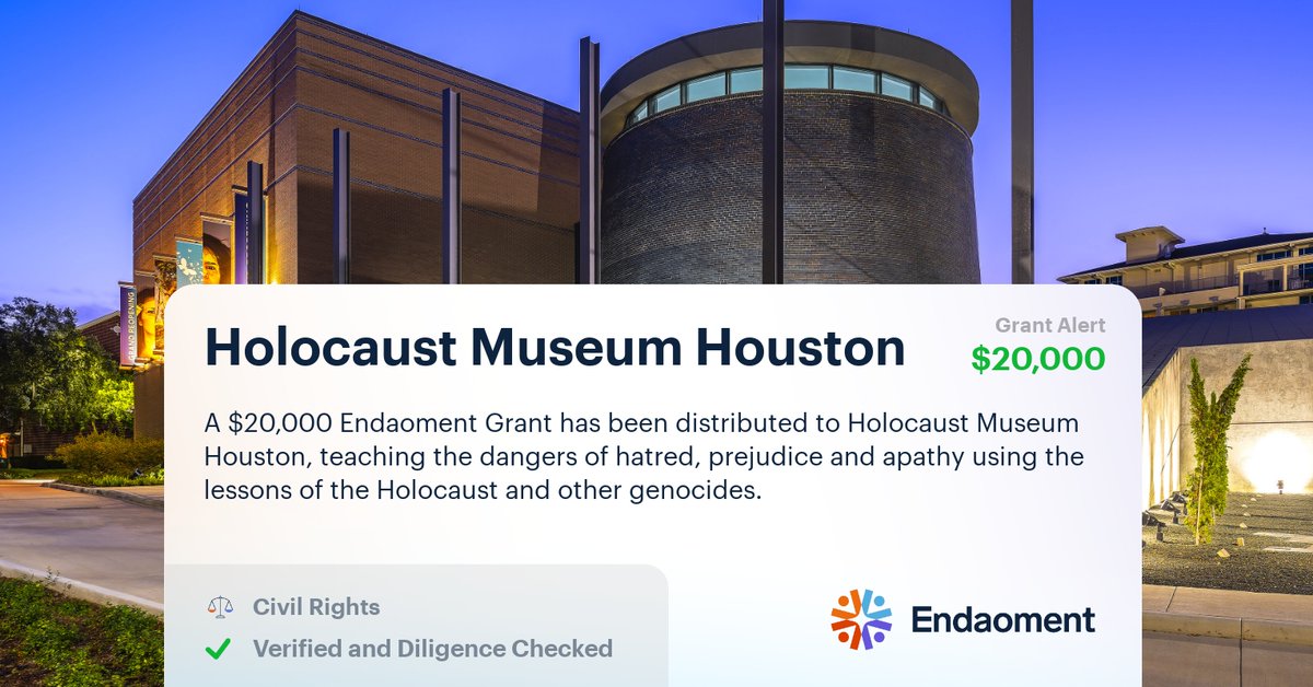 endaomentdotorg's tweet photo. A $20,000 #EndaomentGrant has been distributed to @HMHou, teaching the dangers of hatred, prejudice and apathy using the lessons of the Holocaust and other genocides. 

💸 Learn more about donating #crypto with an #EndaomentFund: https://t.co/CJ7LRYZs6l #CryptoConscience https://t.co/vPMYb55dKx