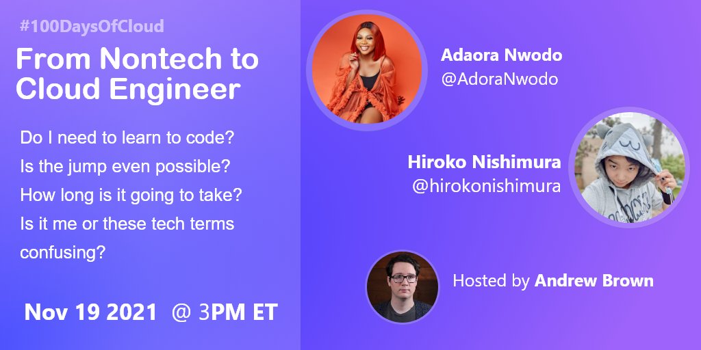 andrewbrown's tweet photo. Cloud is easy!  (Said someone already in tech 🙄)
What about people jumping into a cloud role from a nontech background? 

Can we get some plain-speaking people to make it click!

@AdoraNwodo and @hirokonishimura join me in the next #100DaysOfCloud Twitter Space to close the gap https://t.co/ozOLIgx4jY