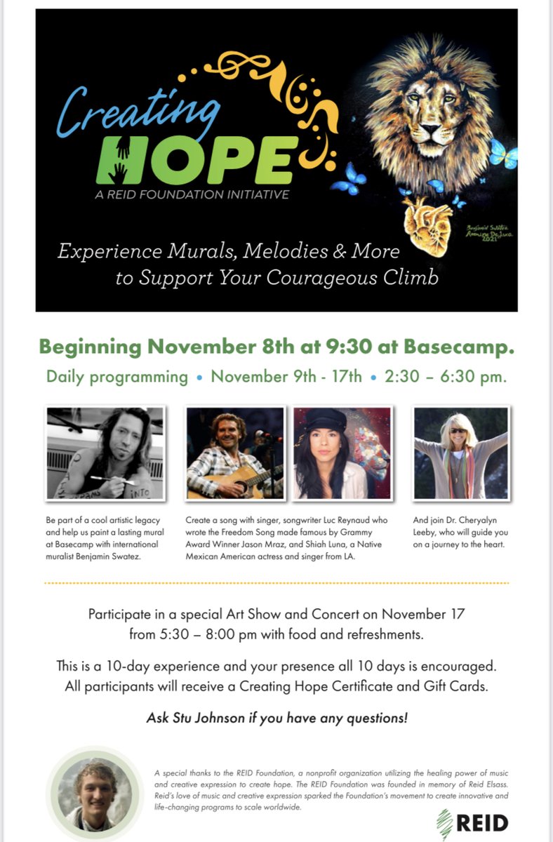FundtheClimb's tweet photo. Creating Hope, a REID Foundation initiative, has been so moving! Basecamp is currently hosting this 10-day experience with murals, melodies, &amp; more. Participate in a special art show &amp; concert to conclude on Nov. 17th! Thank you to everyone that has participated so far🎨🎶 https://t.co/OAY0c6XC98