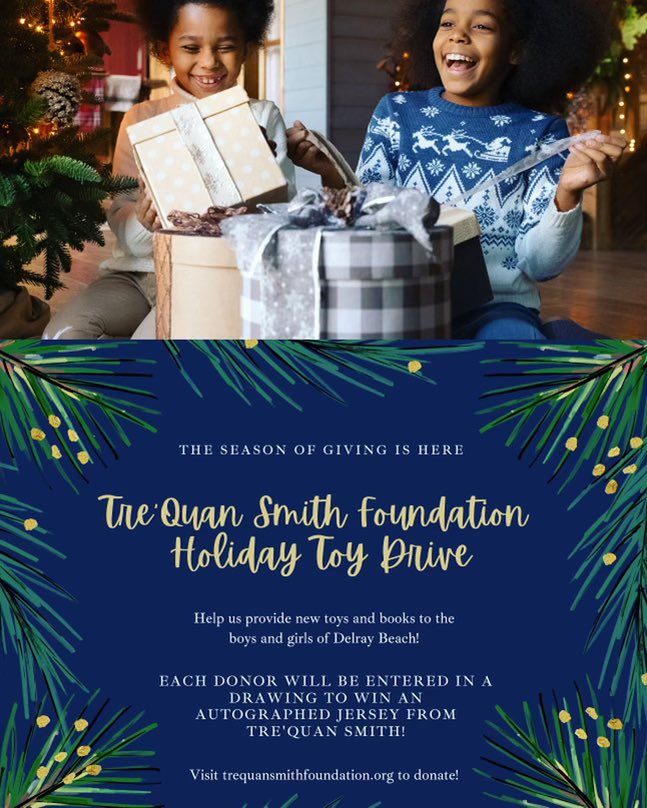 Our foundation will be hosting our 1st annual holiday toy drive! 
​
Join us in our efforts by making a donation! Each donor will be entered into a raffle to win an autographed Tre'Quan Smith jersey!
​
To donate and enter the raffle, please visit the link in our bio!
#trequansmith