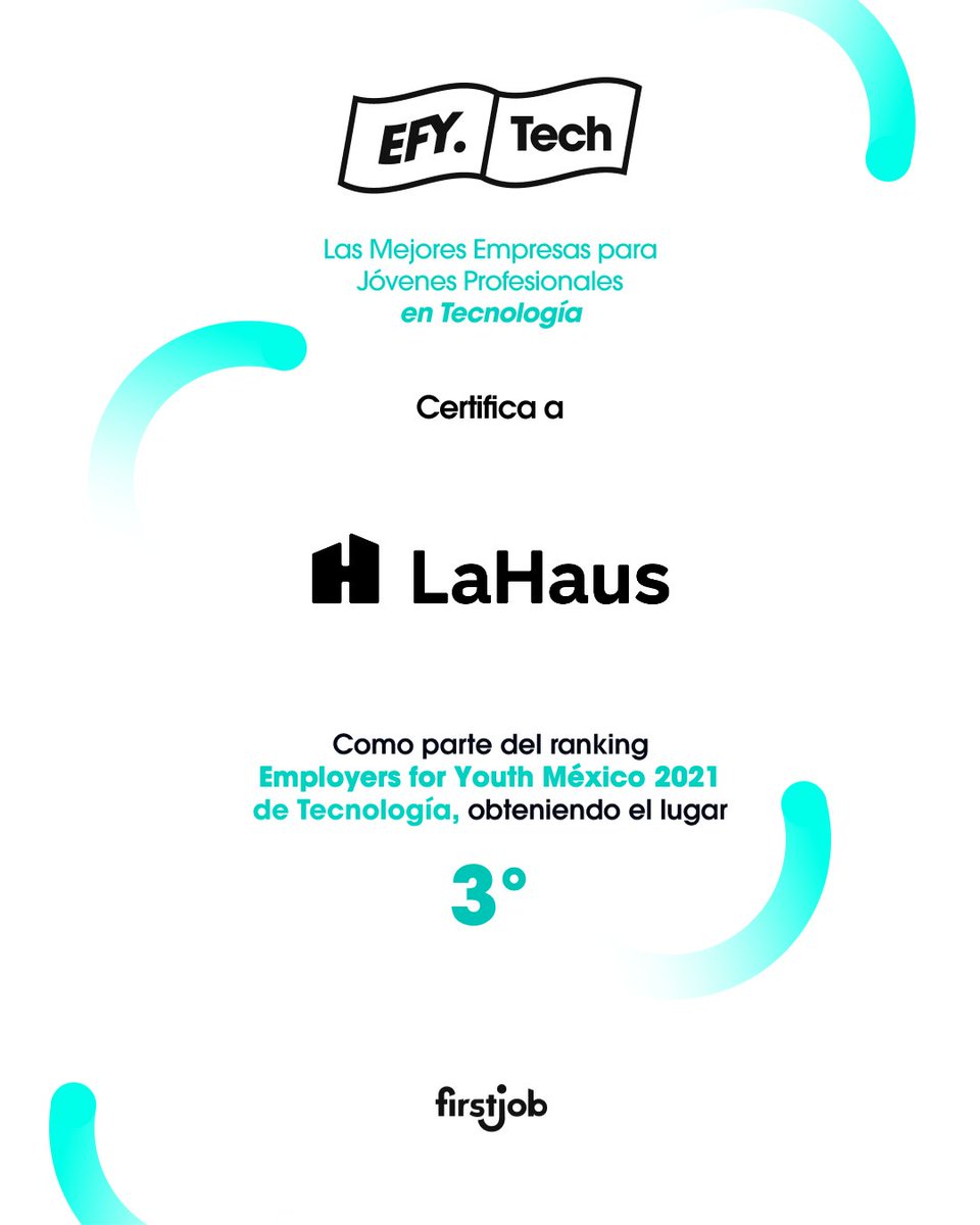 LaHausMex's tweet photo. #BeHauser | En La Haus celebramos el 3er lugar a las Mejores Empresas Para Jóvenes Profesionales en #Tecnología según @FirstJobLatam🏆
Nos sentimos muy motivados para seguir creando el mejor ámbito laboral para nuestros Hausers. #VamosPorMás 🚀
#mejoresempresas #trabajo #lahaus https://t.co/cRn5dzKwVA