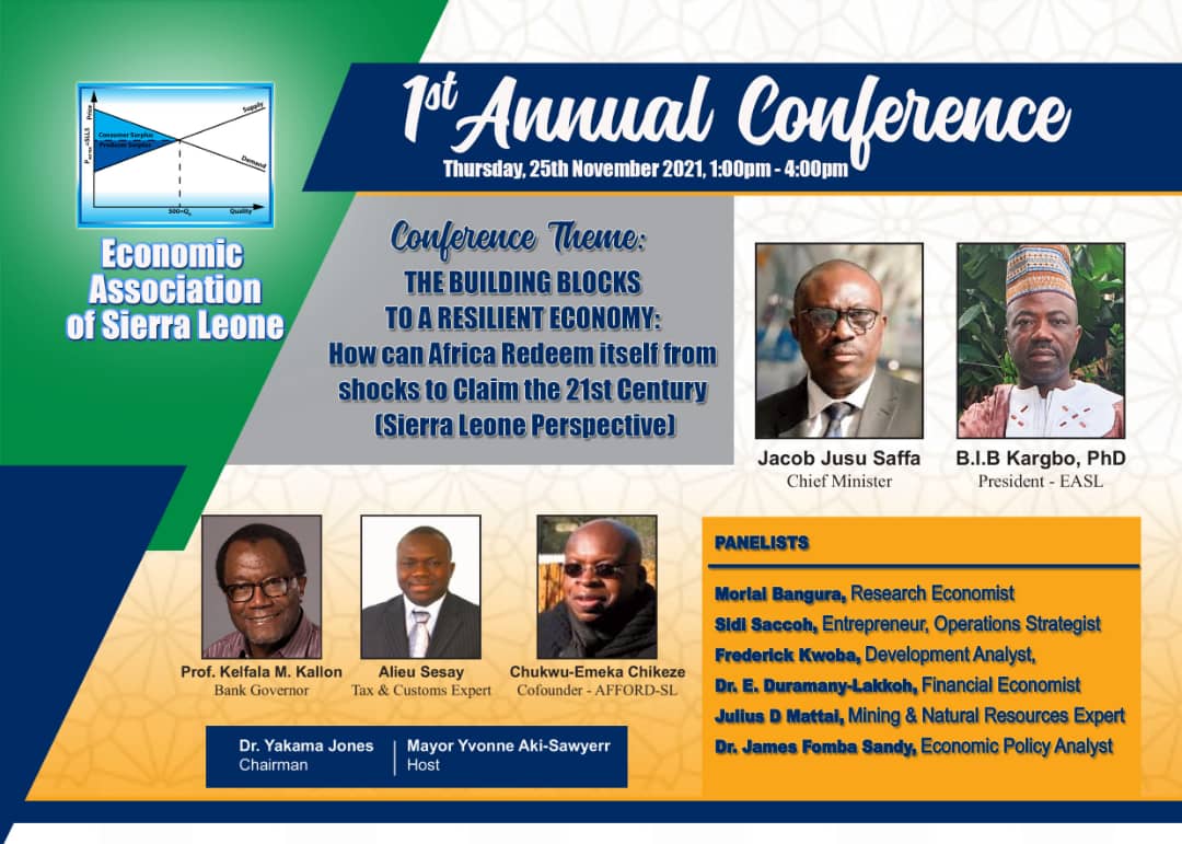 EconAssocSL's tweet photo. Join us and notable speakers as we discuss:The Building Blocks to a Resilient Economy.  #Conference #research #economics #finance #Publicpolicy #SierraLeone @AERCAFRICA @Yale @africaox @FCDOGovUK @UNDP @ecowas_cedeao https://t.co/TkssnRuagz