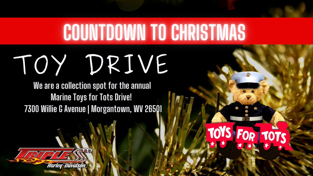 TripleSHD's tweet photo. Donate your new, unwrapped toys here at @tripleshd! 🎅🏼

📍 : 7300 Willie G Avenue | Morgantown, WV 26501

#toysfortots #unitedstatesmarinecorps #christmas #christmasgifts #donatewithus #harleydavidson #morgantown #westvirginia #tripleshd #triplesharleydavidson https://t.co/L1AnJx6SzU