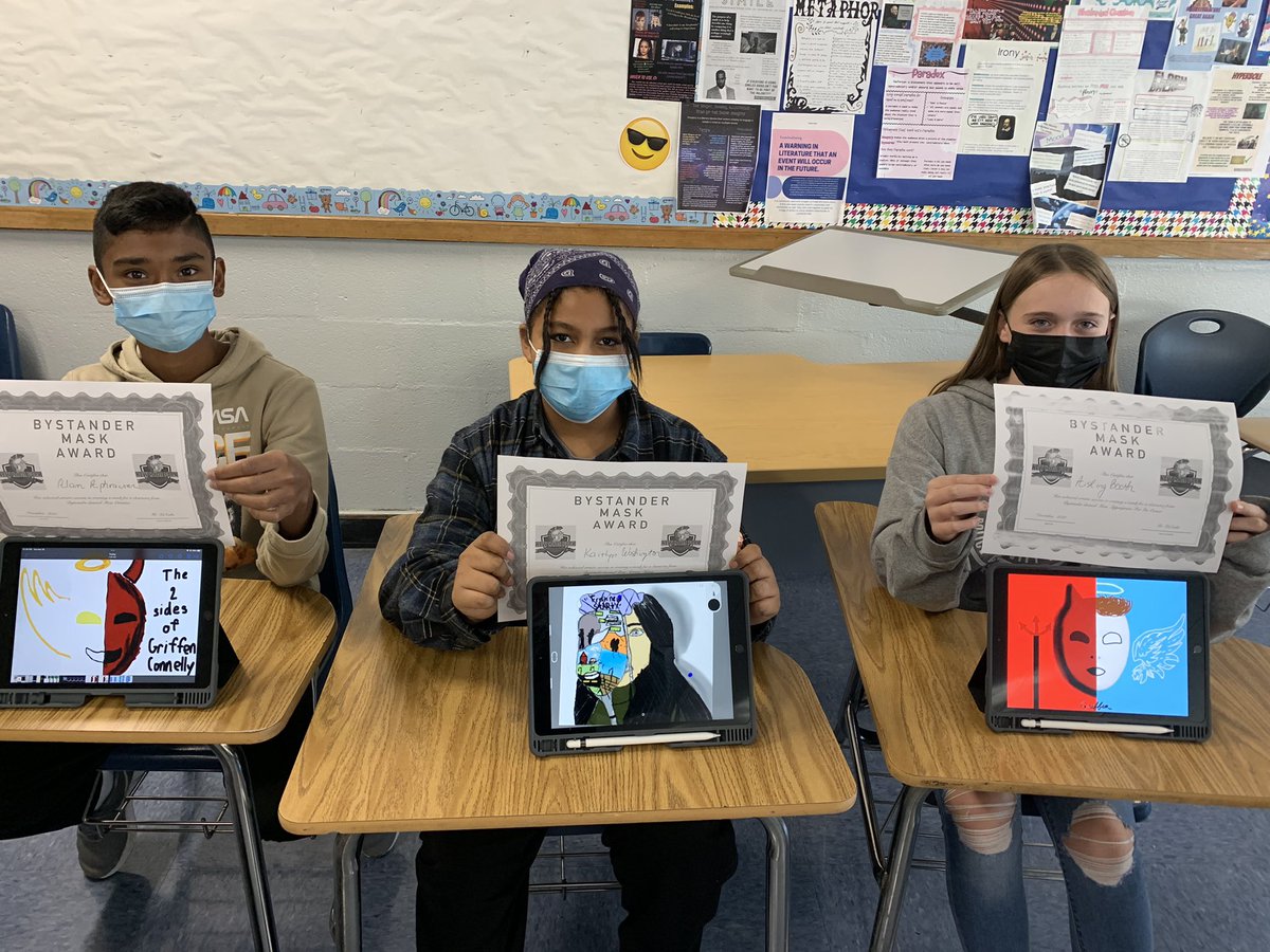 BryanDiscala's tweet photo. Congratulations to the winners of this year’s 7 th grade class awards for the creative masks made to symbolize characters from Bystander!   What artistry! https://t.co/Qh2hEkz6NZ