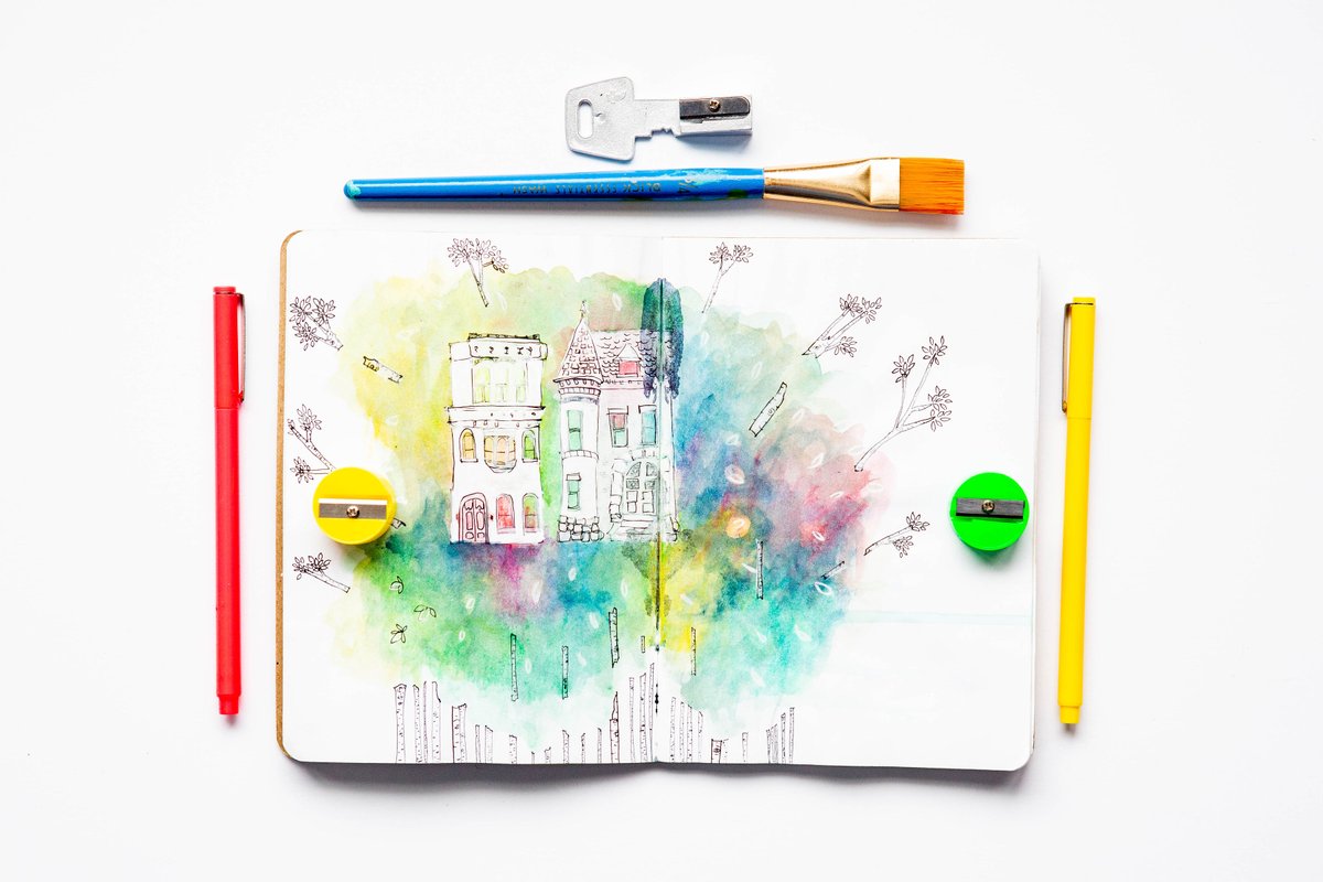 Who else is mesmerized by all of the colors in Amy Liebenberg's sketchbook spread? 💜💛💙💚