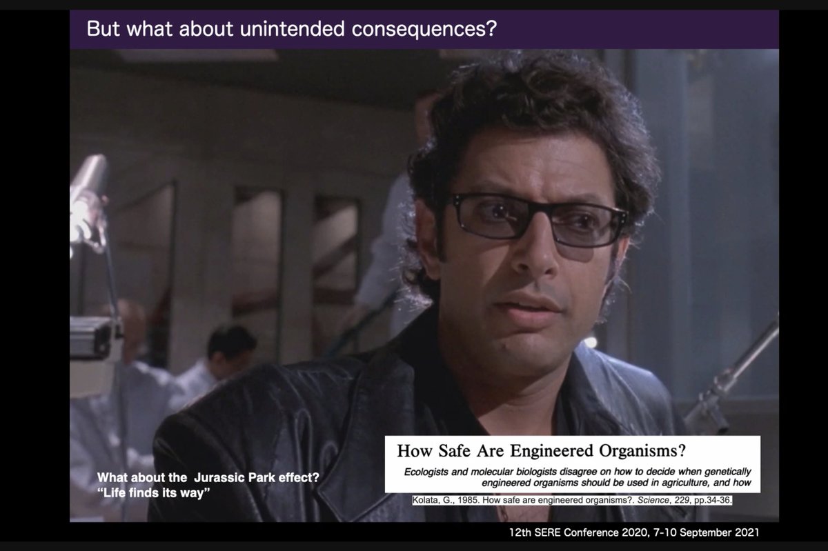 sfiscience's tweet image. &quot;Let me convince you that there is good reason to think the &apos;unintended consequences&apos; of engineered organisms aren&apos;t really there.&quot;

@ricard_sole explains his research into how #biodiversity acts as a &quot;firewall&quot; to invaders, and how to #synthbio without @JurassicPark-ing Earth: