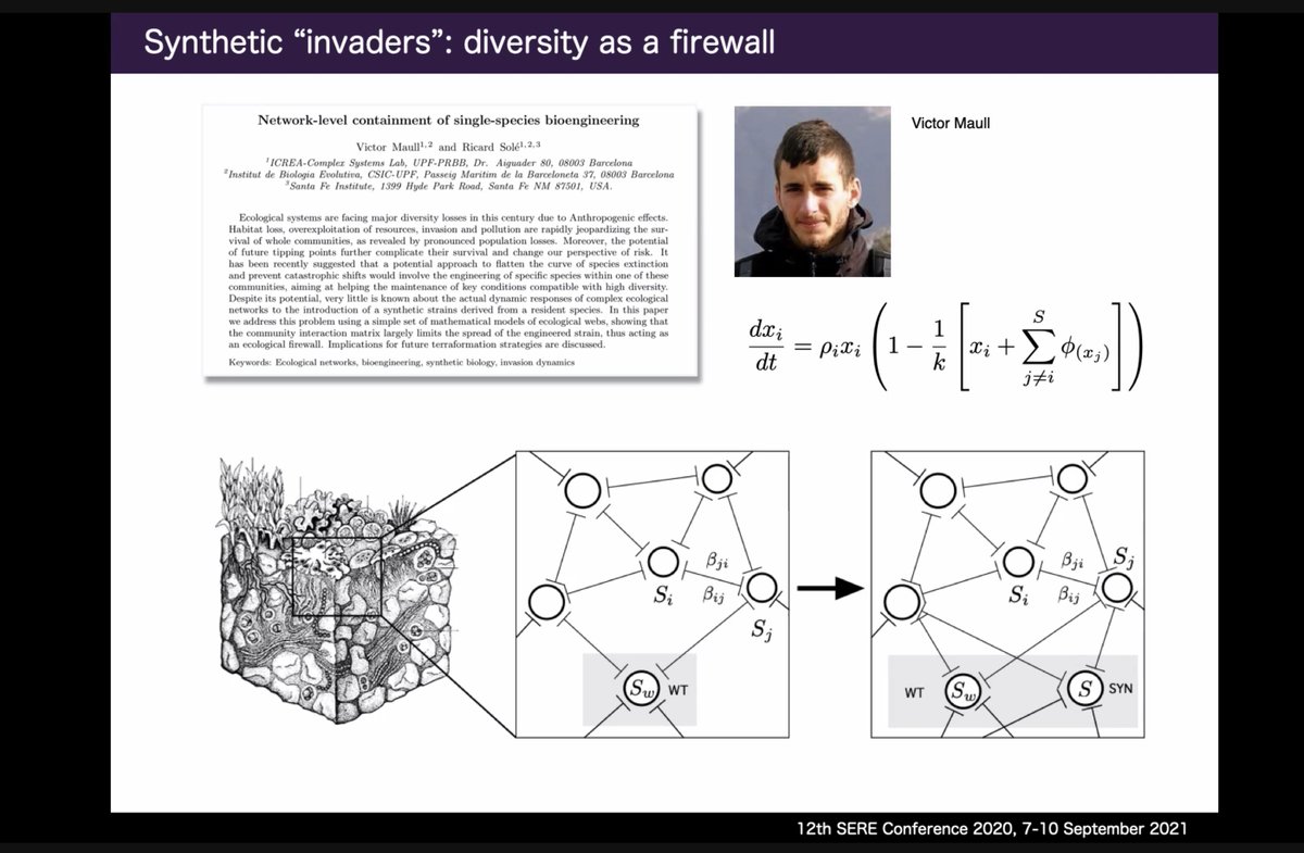 sfiscience's tweet image. &quot;Let me convince you that there is good reason to think the &apos;unintended consequences&apos; of engineered organisms aren&apos;t really there.&quot;

@ricard_sole explains his research into how #biodiversity acts as a &quot;firewall&quot; to invaders, and how to #synthbio without @JurassicPark-ing Earth: