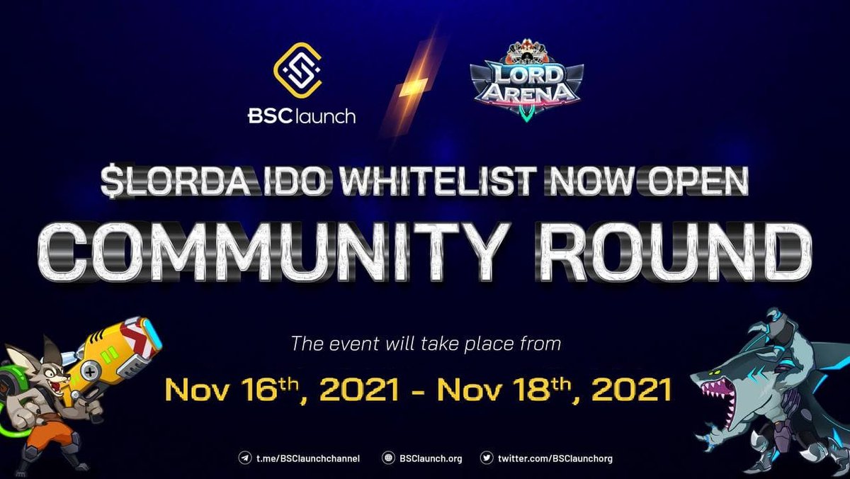 @LordArenaNFT public-sale whitelist registration for the community is now live!

Get yourself a lottery ticket to join this exclusive deal
t.me/Bsclaunchchann…

$LORDA x $BSL

#LordArena #BSClaunch #BlockchainGaming 
#NFT #PlayToEarn #P2E