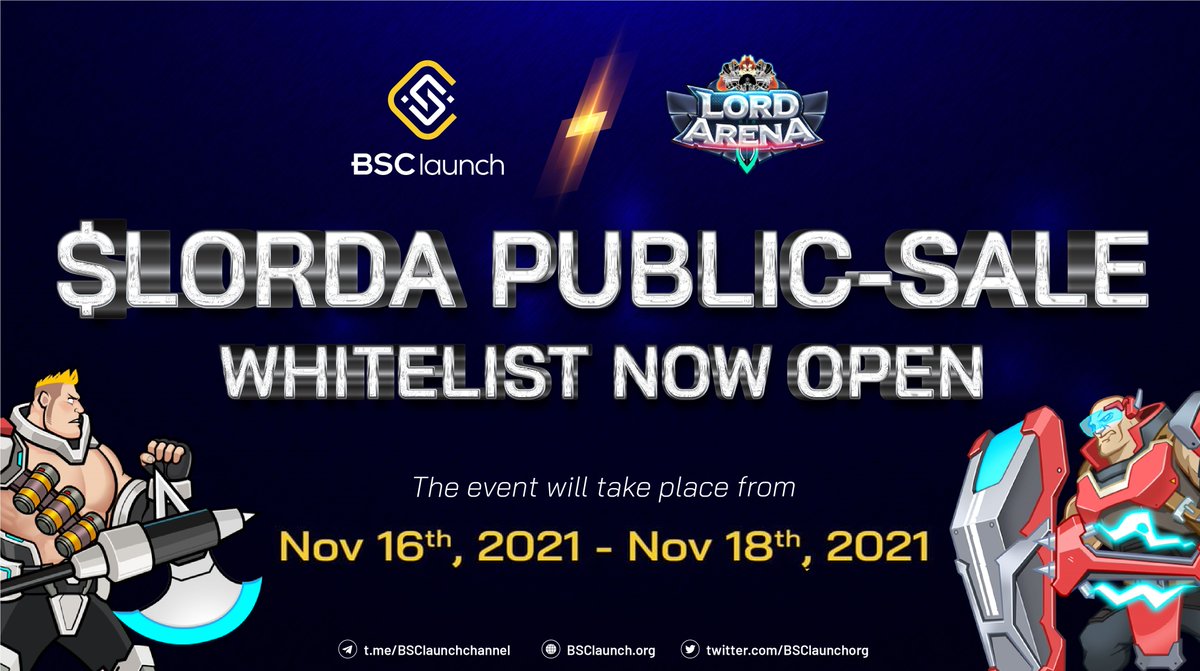 @LordArenaNFT public-sale whitelist registration for ranked members is now live!

Don't lose the hype, join this exclusive deal now 👇
t.me/Bsclaunchchann…

$LORDA x $BSL

#LordArena #BSClaunch #BlockchainGaming 
#NFT #PlayToEarn #P2EGAMING #P2E