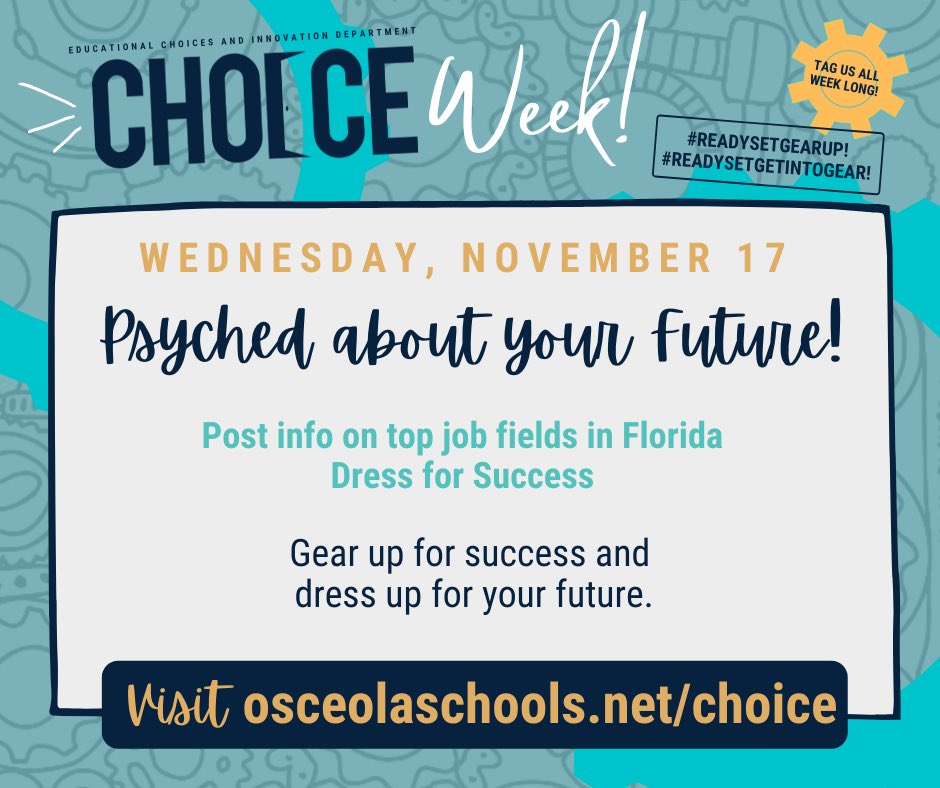Get “psyched” about your future on Wednesday for Choice Week! Dress for success or wear a ‘fit to represent your chosen career path! #readysetgearup #readysetgetintogear #phepandas
