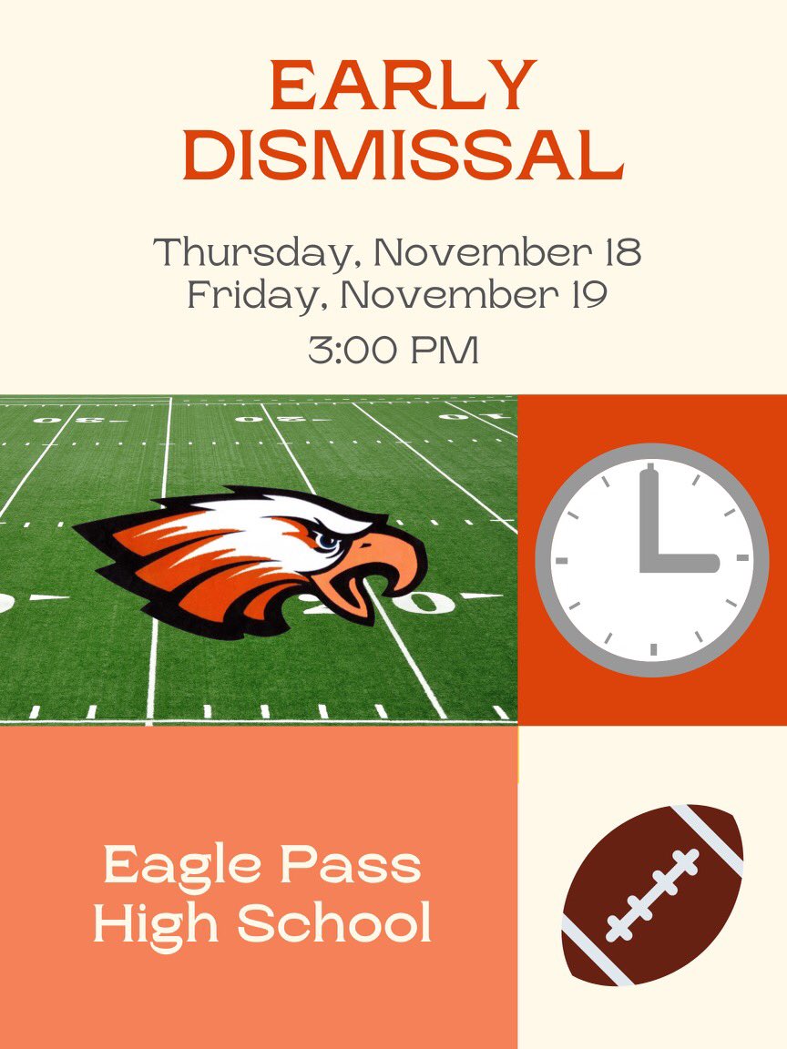 EPHStuCo's tweet photo. EPHS will have early dismissal on Thursday and Friday, November 18 and 19. All students will be released at 3:00 pm. https://t.co/Cx8ciXl2J9