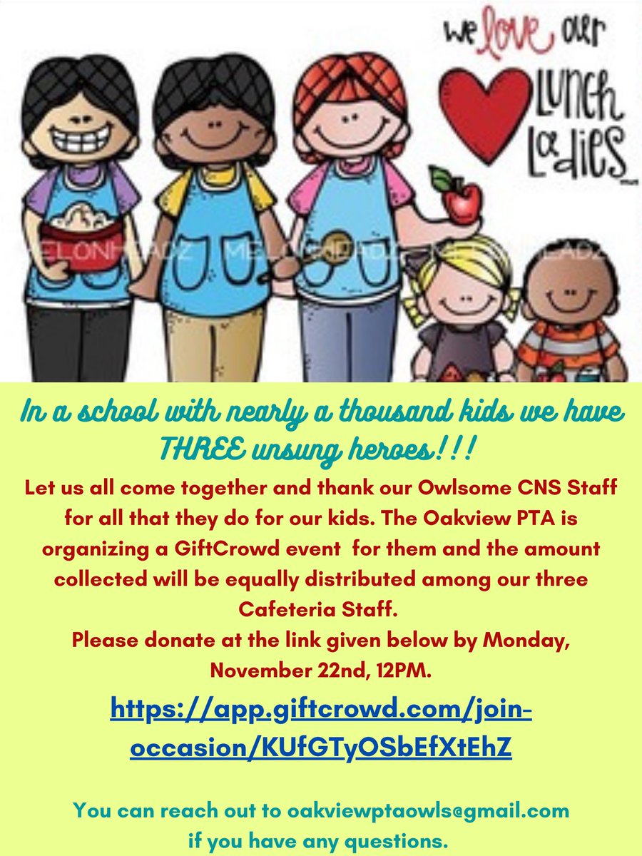 As do many parents have been reaching out in support of our Owlsome Oakview cafeteria staff, the PTA has created a Gift Crowd event for them. Please follow the link to find out more! Accepting contributions until  12pm 11/22. 

tinyurl.com/k7ye6p2d

app.giftcrowd.com/join-occasion/…