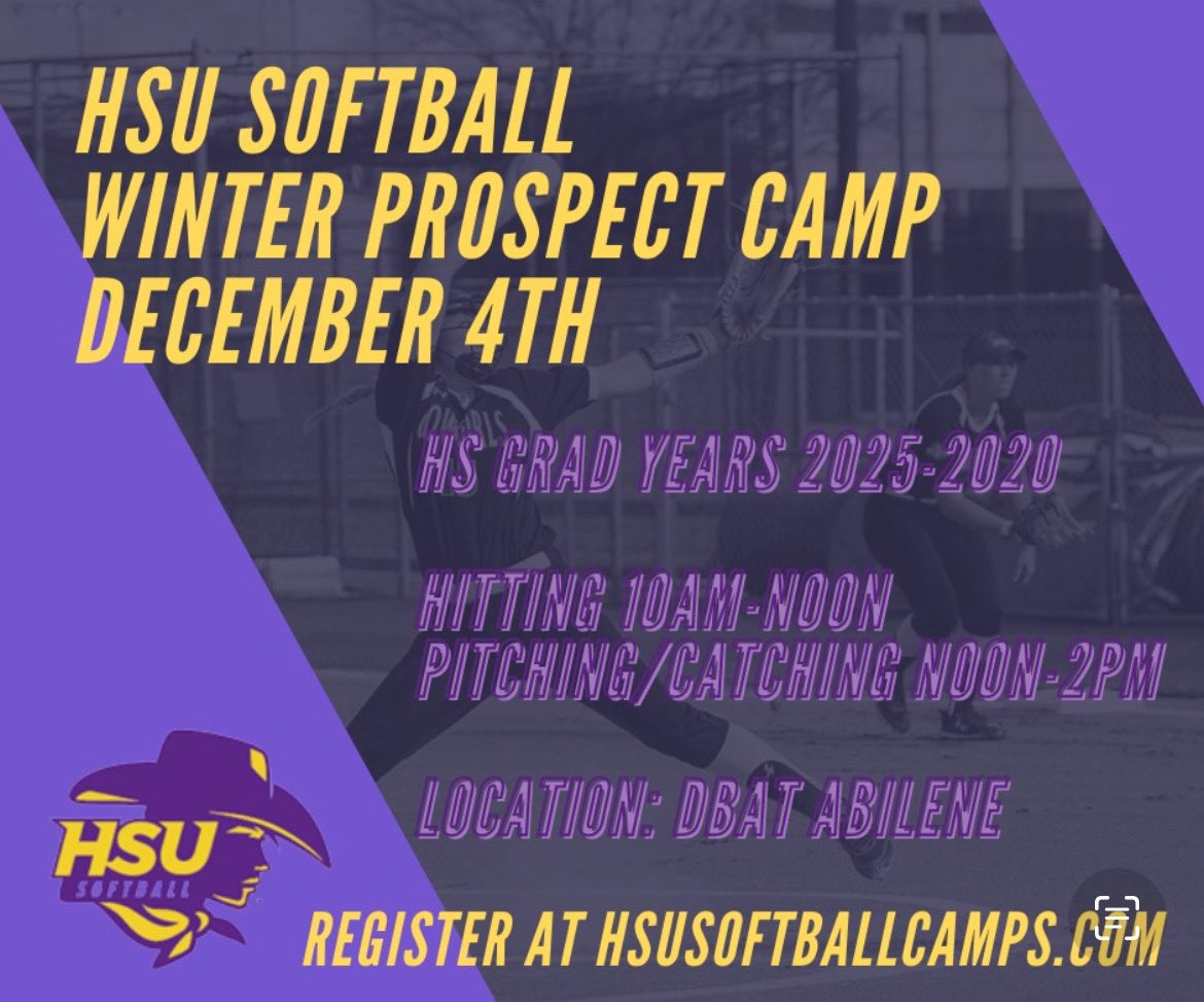 We are excited for our upcoming camp! We will do hitting (and defense on outdoor turf if there’s good weather) and pitching/catching. HSU Softball is looking for future Cowgirls! Register now at hsusoftballcamps.com