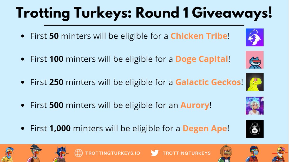 TrottingTurkeys's tweet photo. 🚨Mint is LIVE!🚨

https://t.co/CeBW5ARIDB

We’re providing 1,000,000 meals to @FeedingAmerica &amp; donating 50% of royalties to hunger relief thru @TheGivingBlock.

Also giving out over 20+ blue chip #NFTs to our minters!

Listing with @ftx_us, @exchgART, &amp; @DigitalEyesNFT!

LFG!!! https://t.co/Cn8RnPT4Qz