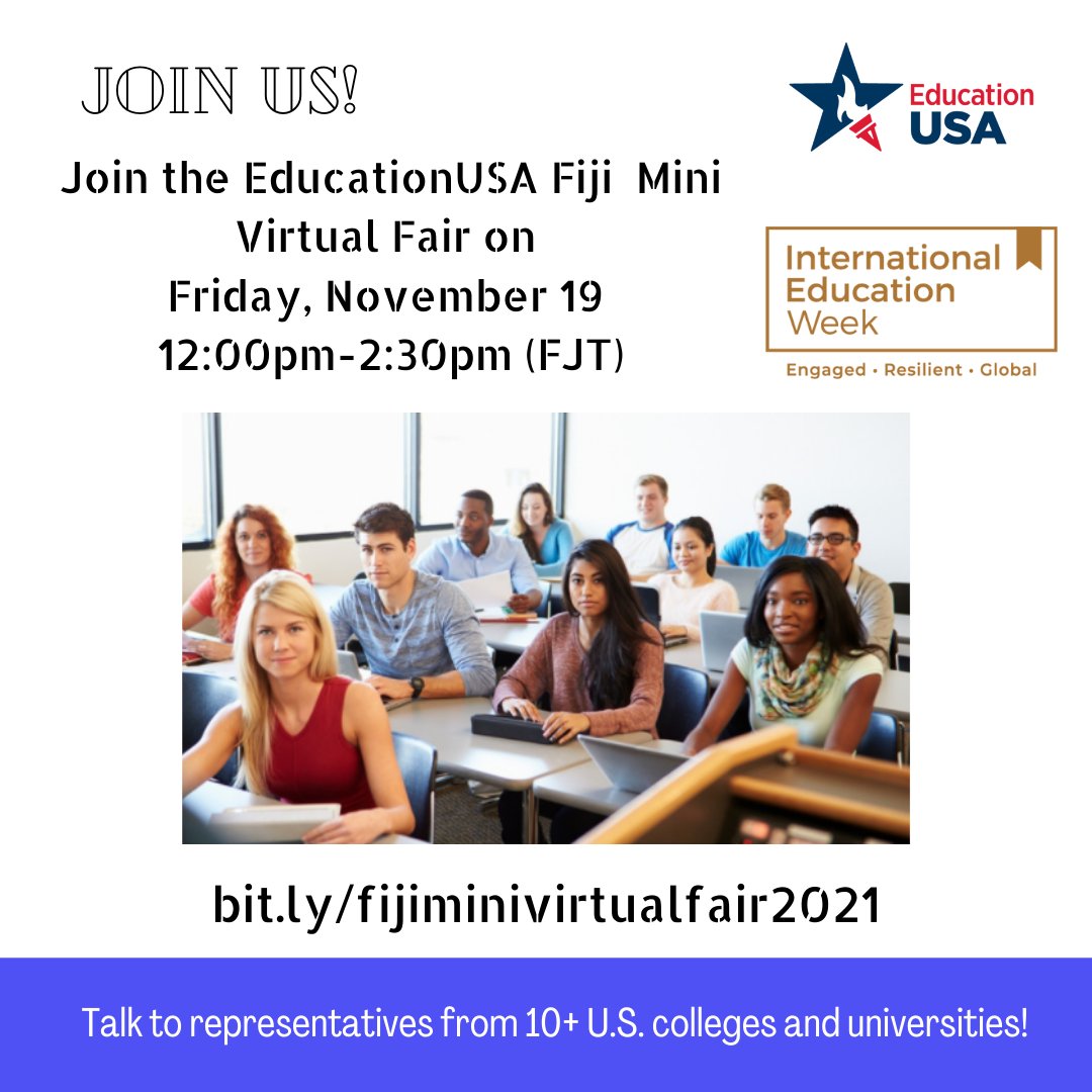 USEmbassySuva's tweet photo. 🇺🇸🧑🎓 Join the @educationusa Fiji Mini Virtual Fair from the comfort of your home!
Visit https://t.co/tZV95GrkNZ for more information.
#EdUSA #EdUSAVirtualFair #EdUSAatHome #StudyWithUS #StudyintheUSA #IEW2021 #InternationalEducationWeek https://t.co/VqD2lr1vIa