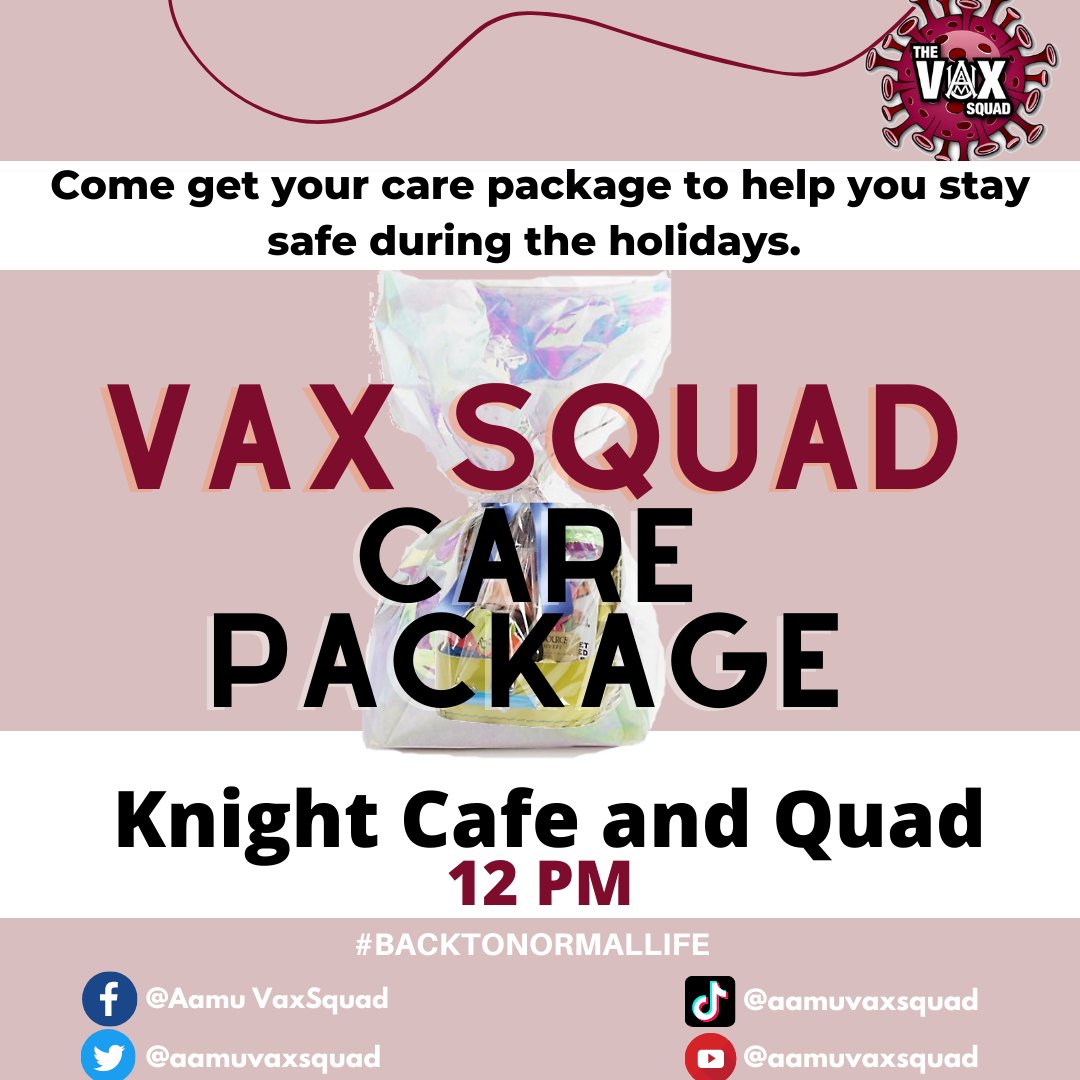 aamuvaxsquad's tweet photo. Staying safe for the holidays is important! The Vax Squad will be distributing care packages tomorrow to help keep you and your loved ones safe during the break. https://t.co/gSjhvysrhY