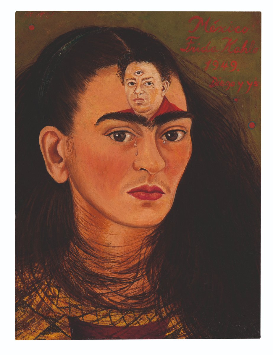 Sothebys's tweet photo. #AuctionUpdate: Frida Kahlo’s 1949 self-portrait ‘Diego y yo (Diego and I)’ soars to $34.9M, smashing the artist’s previous $8 million public auction record. This enigmatic work is Kahlo’s final ‘bust’ self-portrait completed before her death in 1954. https://t.co/NVJZ3c8FOV