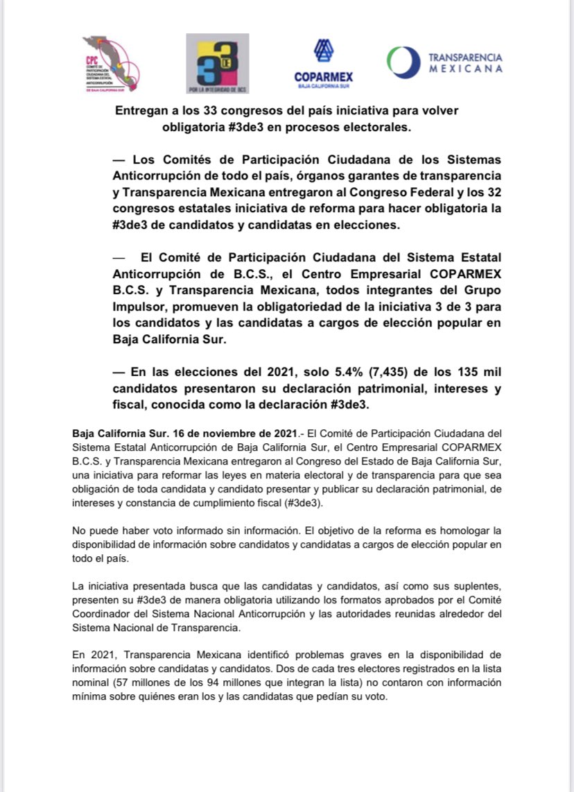 BcsCpc's tweet photo. Comunicado de prensa para el impulso de la obligatoriedad de la presentación de las declaraciones 3 de 3 en procesos electorales de elección popular en BCS. https://t.co/GqeHJhbpw1
@IntegridadMx @j_moore_v @CpcRed @aldycota @ebohorquez https://t.co/MwWWvpwUtN