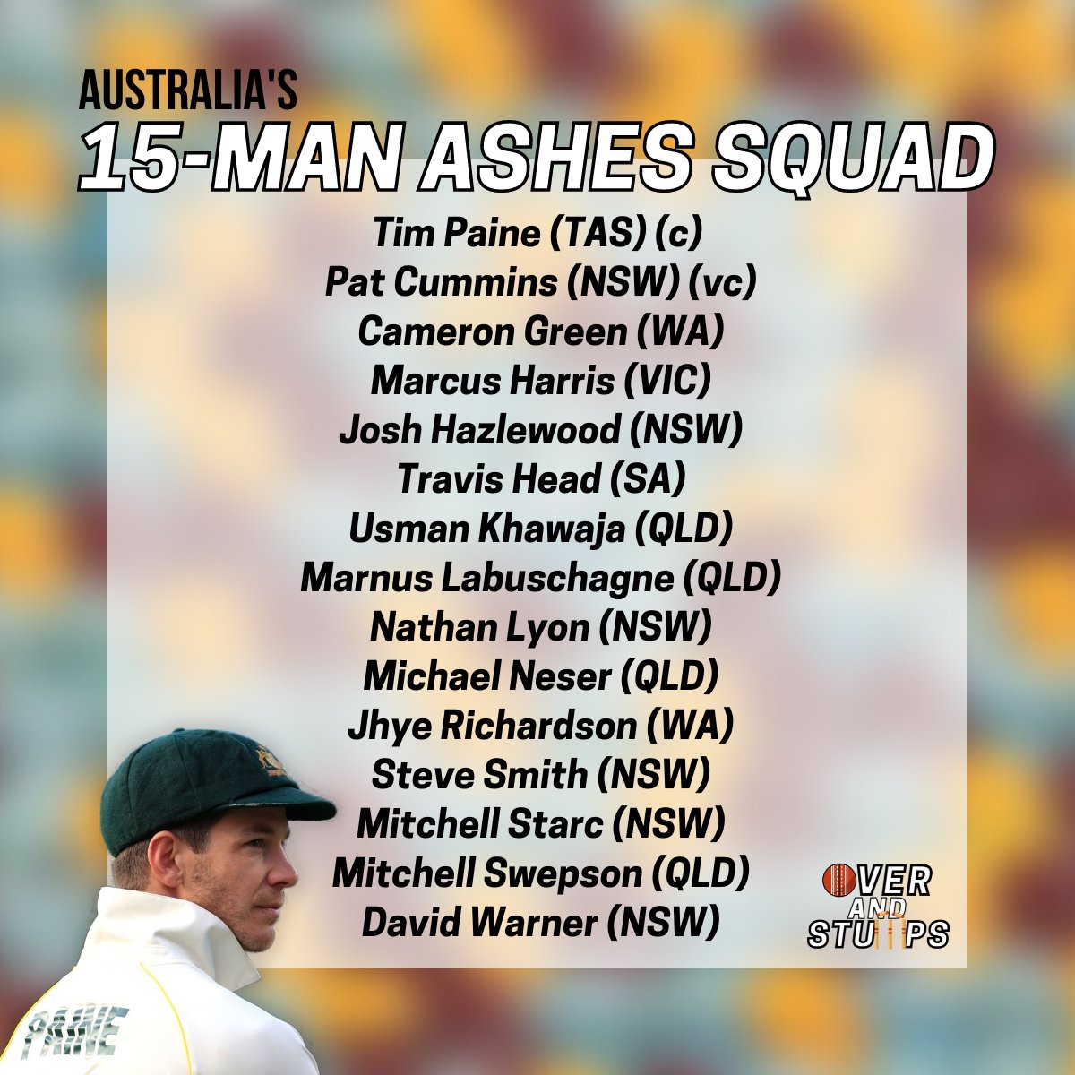 overandstumps's tweet photo. Australia's 15 Man #Ashes Squad is in.

10 additional players have also been named in an extended player list from which an Australia A team will be selected for a tour match against the English Lions.

What are your thoughts? What is your First XI at the Gabba? #OverandStumps https://t.co/E6ATrPqmfZ