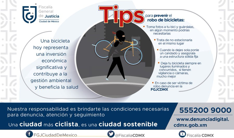 BicireporteraDF's tweet photo. Si eres víctima de la rata🐀: DENUNCIA. Acá estos estos #bicitips:
📸Toma fotos de tu bici 🚲
🔢Guarda el Número de serie
🔐Usa un buen candado (los de manguera no cuentan como 🔐)
😢Procura no dejarla solita
Si de malas la encuentras, te será fácil recuperarla si DENUNCIA https://t.co/9IpoPi9Sqo