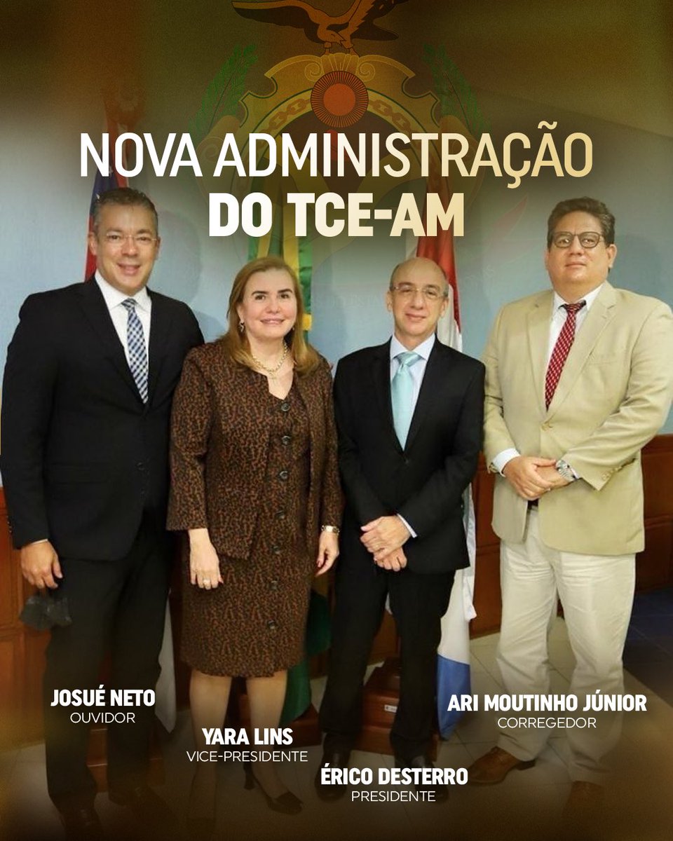 JosueNeto's tweet photo. Nova administração eleita hoje para comandar o Tribunal de Contas do Amazonas no próximo biênio 2022-2023

🎖 Érico Desterro - Presidente 
🎖 Yara Lins - Vice-presidente 
🎖 Ari Moutinho Júnior - Corregedor 
🎖 Josué Neto - Ouvidor

#tce #tceam #tceamazonas #controleexterno https://t.co/TWA3y28xxF
