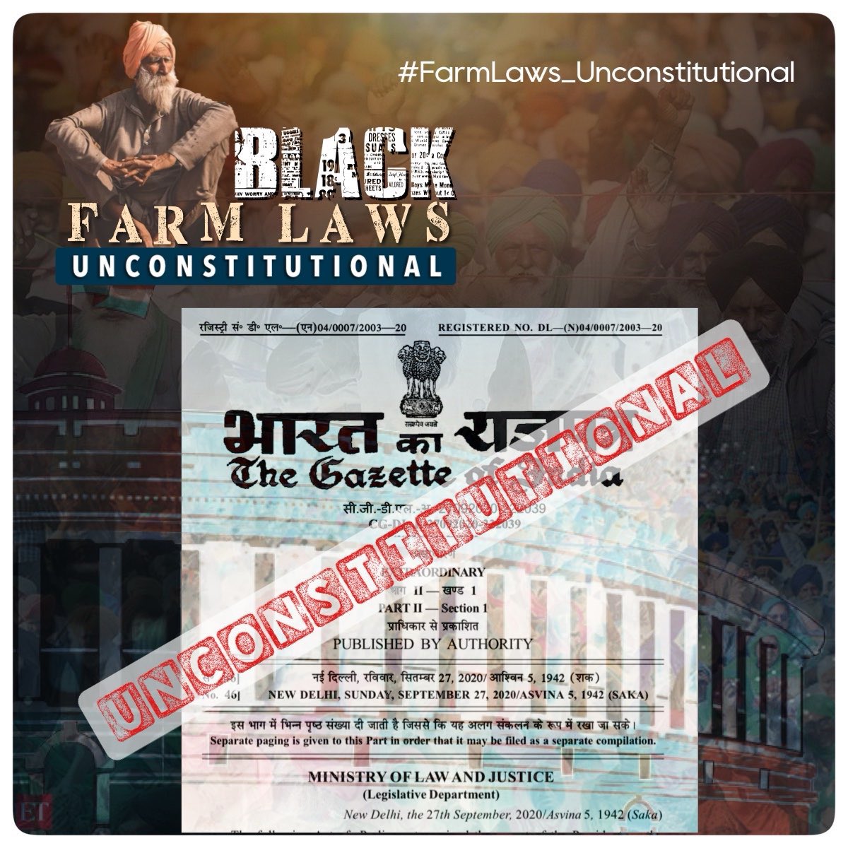 Almost an year of immense struggle, unconditional strength &amp; fearlessness with only one demand to take bck black farm laws
Whn wll govt undrstand that thse are clear death warrants to our farmers &amp; their livlihoods??
#FarmLaws_Unconstitutional