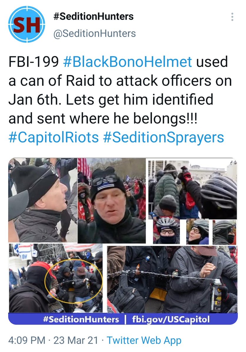 Molly1Jo's tweet photo. They found him! I've been wondering since seeing him in the videos! #BlackBonoHelmet #WaspSpray #SeditionSprayers #RaidSprayer #NerveAgent https://t.co/KHwNlIwFC3