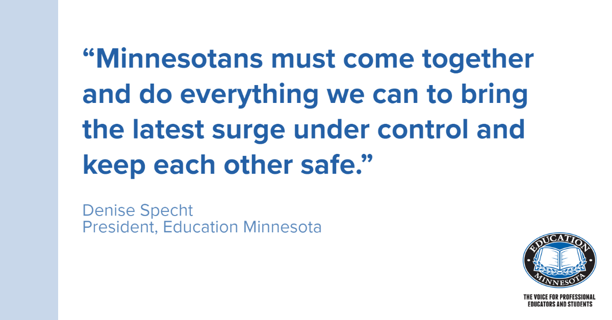 EducationMN's tweet image. BREAKING: With COVID-19 surging, Minnesota school leaders must do more to protect communities edmn.me/3DqU4rj #mnleg #edmnvotes #safelearningmn