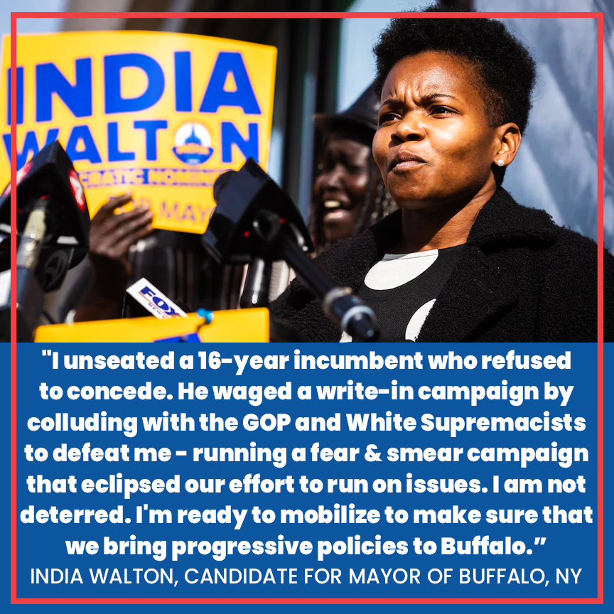 OurRevolution's tweet photo. "I unseated a 16-year incumbent who refused to concede. He waged a write-in campaign by
colluding with the GOP &amp; White Supremacists to defeat me - running a fear &amp; smear campaign that eclipsed our effort to run on issues. I am not deterred.” - @Indiawaltonbflo #TransformTheParty https://t.co/TMM03rSTkK