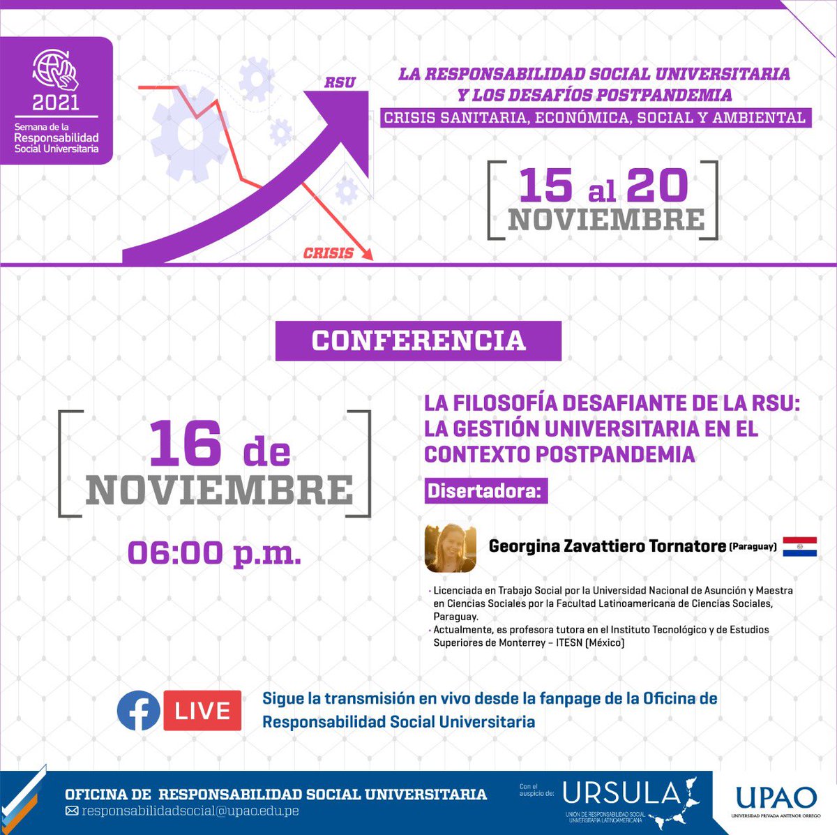 Hoy a las 6:00 p. m., seguimos con la semana de la responsabilidad social.
#RSU #UPAO