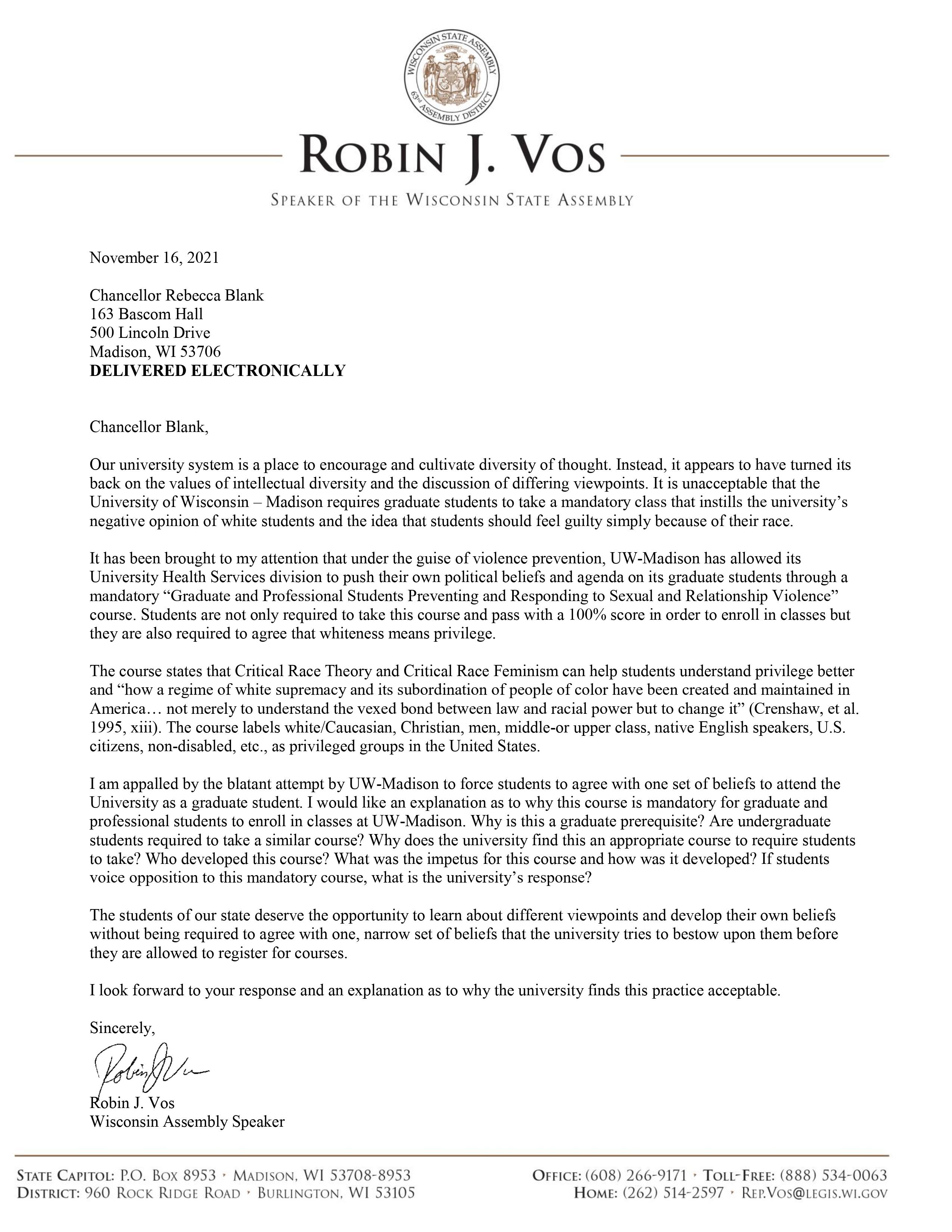 Speaker Robin Vos Letter To Uw Madison Chancellor Rebecca Blank Amid A Report That Shows Graduate Students Must Take A Mandatory Class That Instills The University S Negative Opinion Of White Students