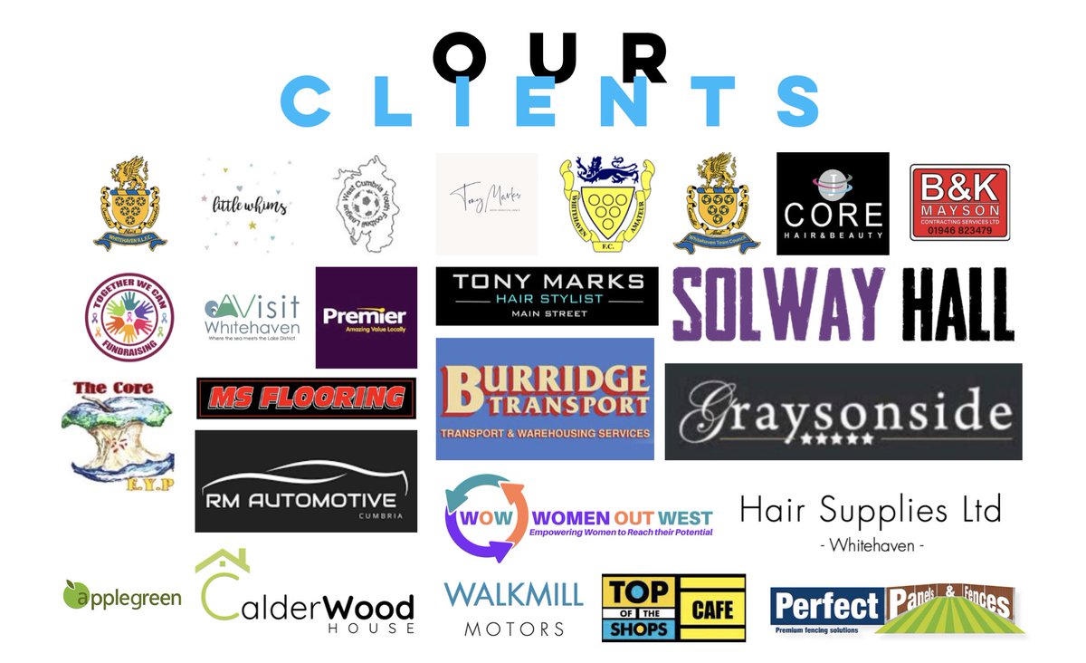 Just some of the many clients we work with.

Cumbria Media | IT Solutions | Web Design | ECommerce | Marketing | Design &amp; Print | CCTV Installation &amp; Repair | Computer Supply &amp; Repair | Social Media | Communications | SEO | Training Solutions | | Public Relations | 

Full insured