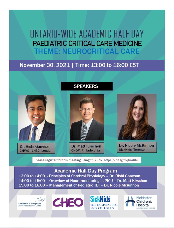 Happy to announce the first Ontario-wide 🇨🇦 #PedsICU academic half day focused on🧠#NeuroPICU on Nov 30th. This session is open to all  #FOAMed - Please register using: bit.ly/3qbmKRi - <a href="/CHEO/">CHEO Ottawa</a> <a href="/mch_childrens/">McMaster Children's Hospital</a> <a href="/sickkids/">SickKids Foundation</a> <a href="/LHSCCanada/">London Health Sciences Centre</a> <a href="/SchulichMedDent/">Schulich WesternU</a>