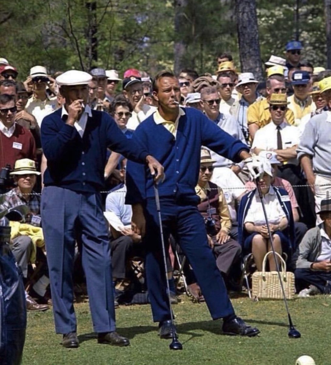 You may be cool, but you’re not Arnie and Hogan ripping cigs on the tee at the 1966 Masters cool. #goats #golfpics #thehawk #theking #augusta #masters #oldschool #throwback