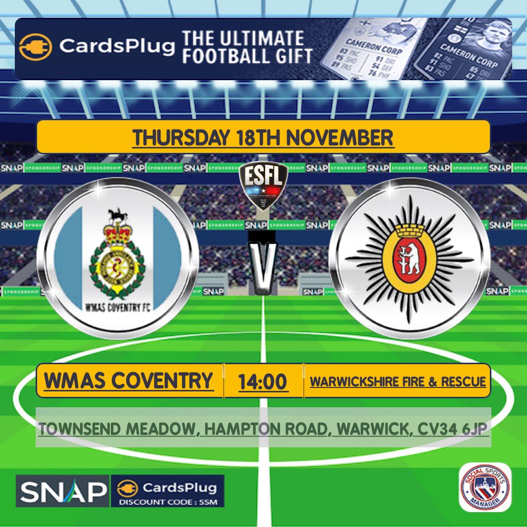 WMASCovFC's tweet image. 🚨 FIXTURE 🚨

Our second @ESFL20 fixture sees us take on @WarksFireRescue on the 18/11/21 at 1400 

We will be playing at the home of @RCWFC 

Please do come to watch and support us. 

The bar and cafe is open also. 

#rt #grassrootsfootball #emergencyservices