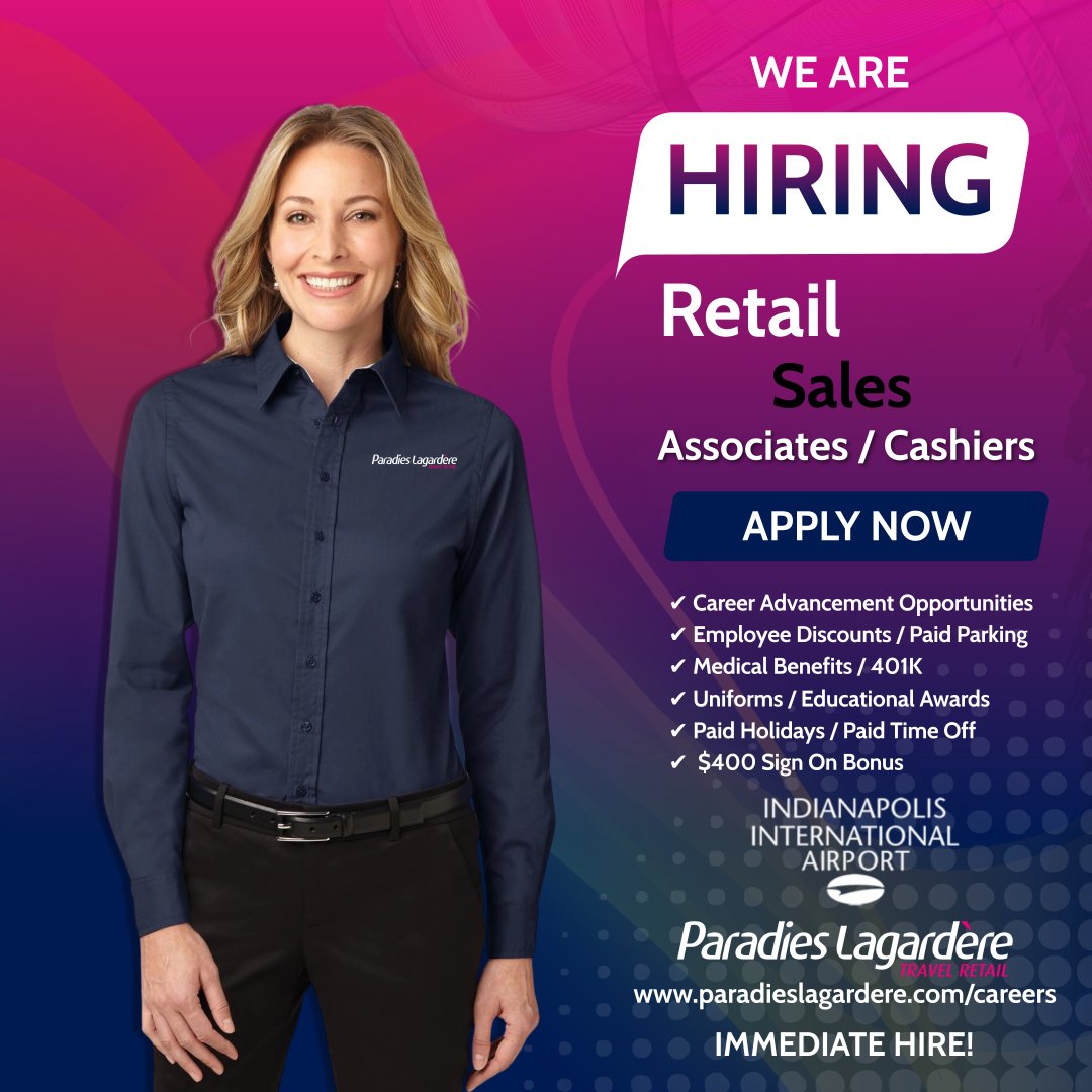 Paradies Lagardère on X: Looking for customer service driven Sales  Associates! Apply now to our ( Indianapolis International Airport )  locations. Immediate openings available, send in your resume and click the  link