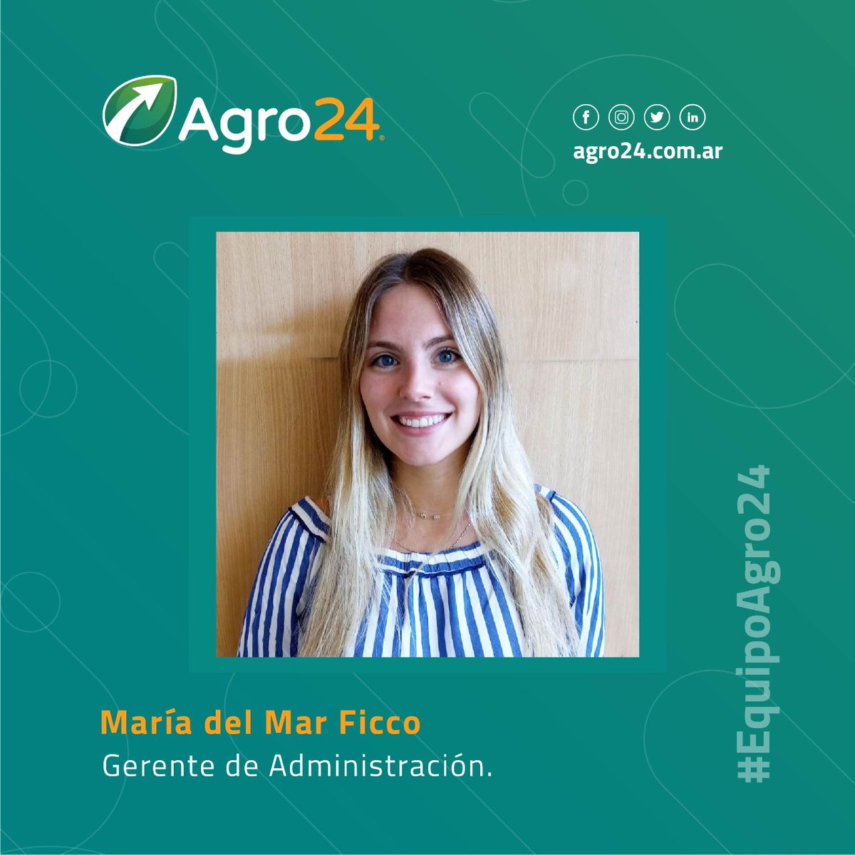 agro24ok's tweet photo. 👉🏽Hoy les presentamos a Maria del Mar Ficco, Gerente de Administración de Agro24.
Mar es Contadora, no solo se encarga de los números de la empresa si no de la agendas de todos! 💪🏼🙌🏼
Gracias por ser parte de equipoagro24✨
#contadora #equipo #empresaagro #appagro #campoarg https://t.co/WjBO4sgK5T
