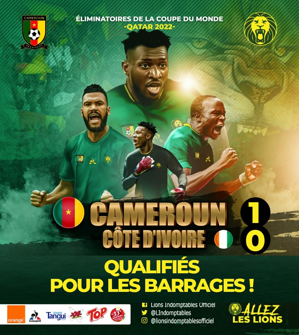 #FIFAWC2022Q

Qualifiés pour les  barrages! 

#Cameroon 🇨🇲 1️⃣➖0️⃣🇨🇮 #Côte d'Ivoire

🏟️ Japoma stadium - Douala

#CMRCI
#LionsIndomptables
#LetsMeetInQatar2022
#LetsRoarTogether
#AllezLesLions