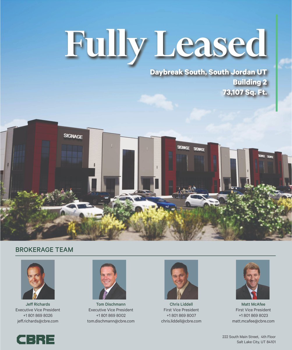 We are proud to announce that Daybreak South, Building 2 in South Jordan is now #fullyleased!

#daybreaksouth #saltlakeindustrial #cbre #saltlakerealestate #industrialdevelopment #utahindustrial #SaltLakeCity #DayBreak