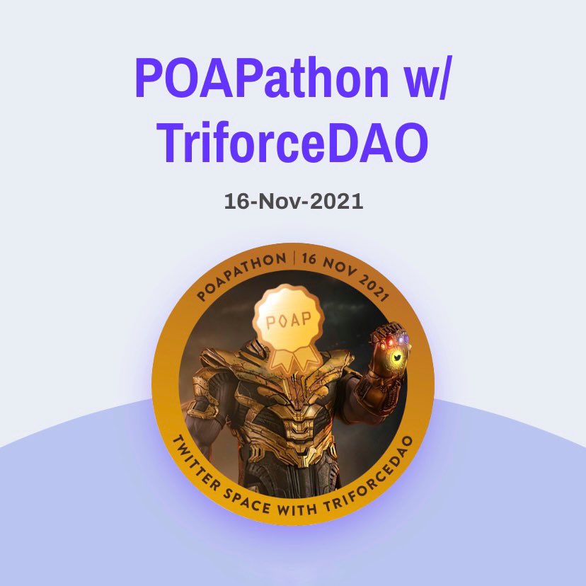 #POAP from today’s space w/ <a href="/poapathon/">Eagle Ace</a>, <a href="/POAPgod/">POAPgod.eth 🦇🔊 🧝‍♀️🏹🪃🧝‍♂️</a>, and <a href="/TriforceDao/">TriforceDAO.eth 🦇🔊 | 🧝‍♀️🏹🪃🧝‍♂️</a> 🔥