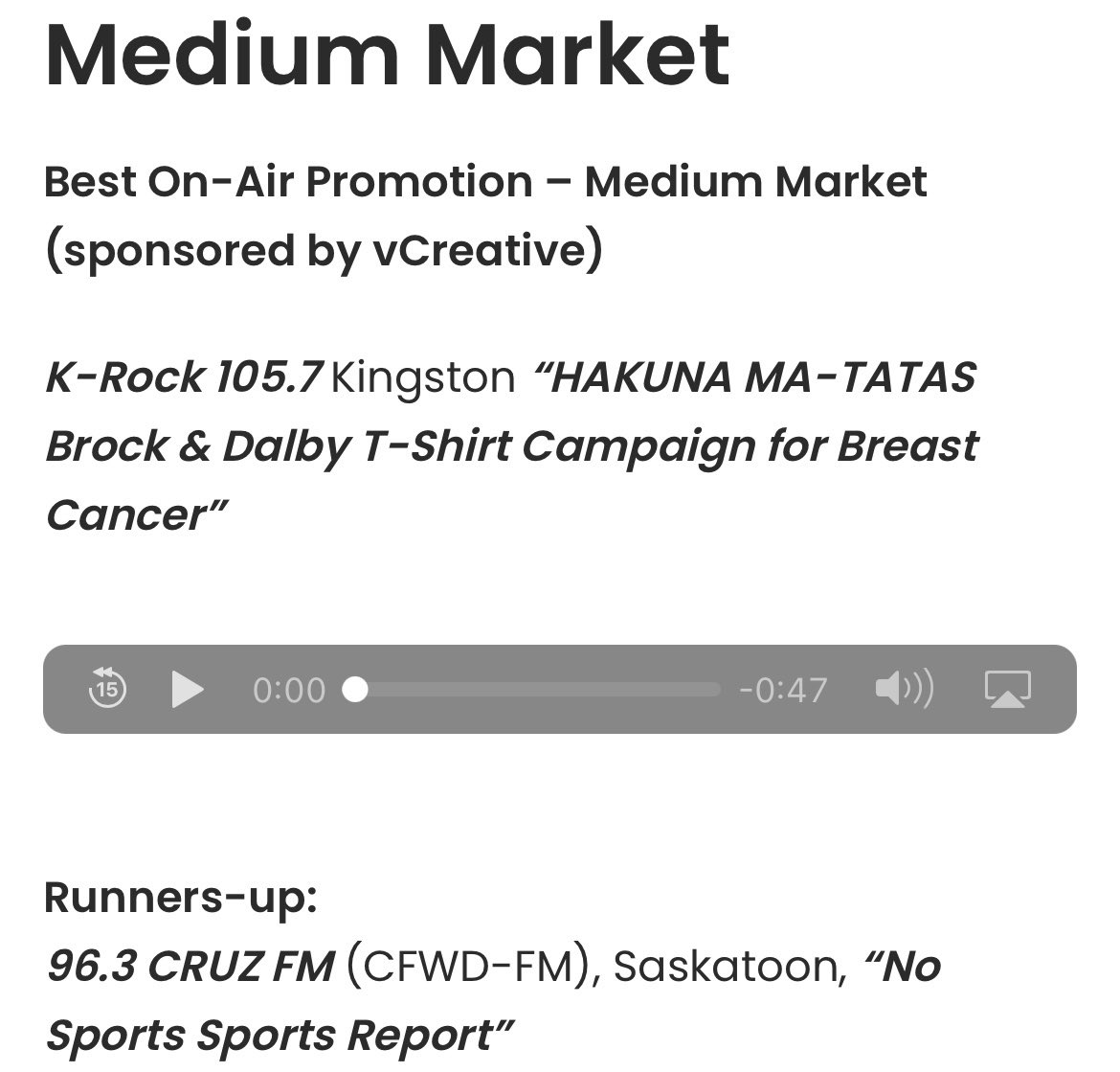 Also super proud of <a href="/RadioClayton/">clayton kroeker</a> (and Stacie) for getting “Runner Up” in the “Best On-Air Promotion” Medium Market for Clayton’s original and totally creative “No Sports Sports Report” that we ran on <a href="/963CruzFM/">96.3 Cruz FM</a> when no sports were on due to Covid. 👏🏼👏🏼